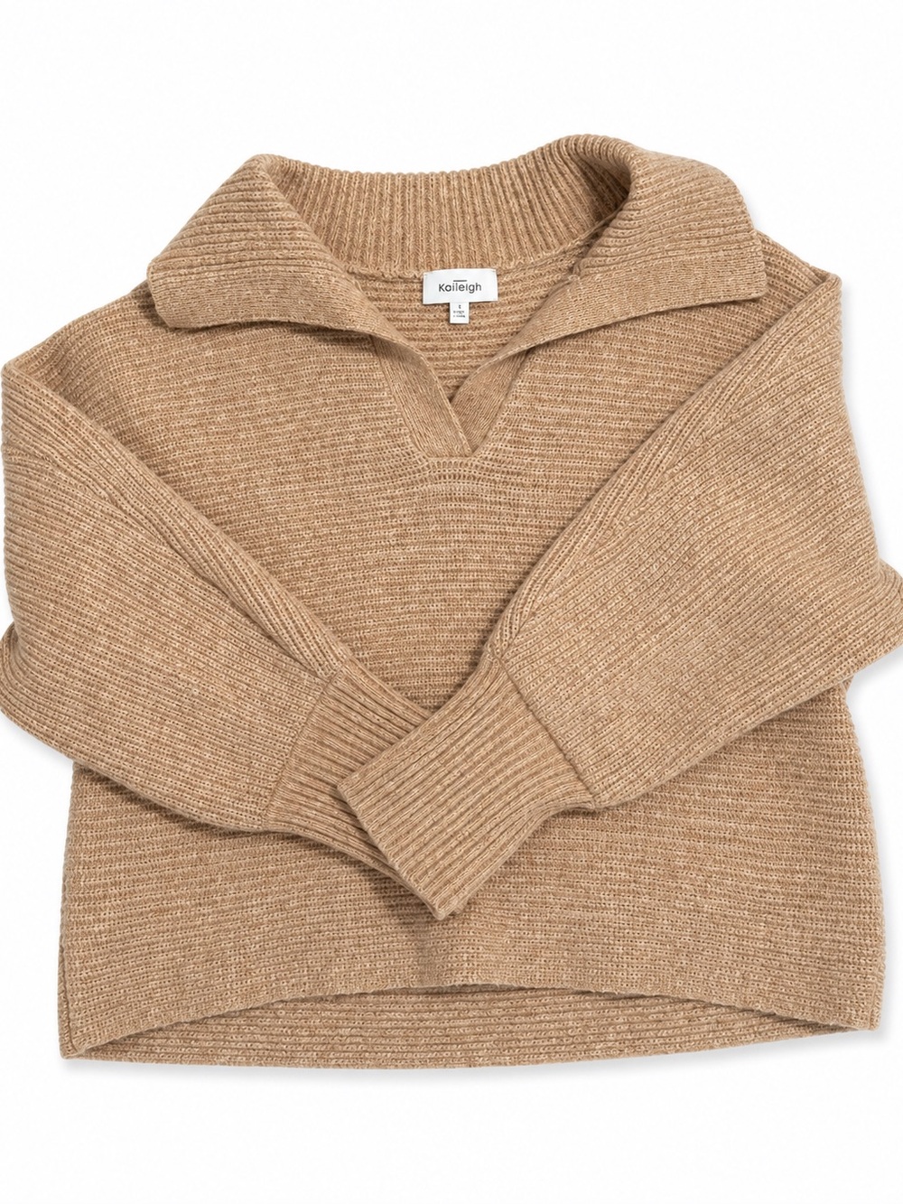 Women's Camel V-Neck Ribbed Sweater